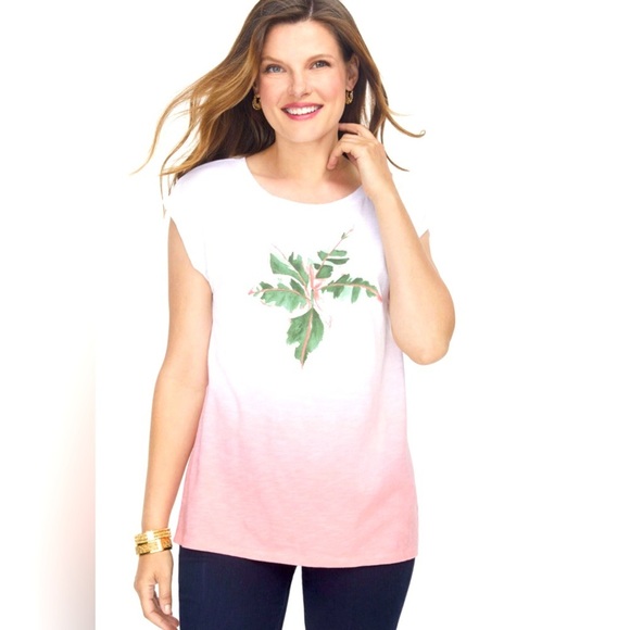 Talbots Pink Coral 🌸 and White Ombre Tee with Leaf Motif - Picture 1 of 5